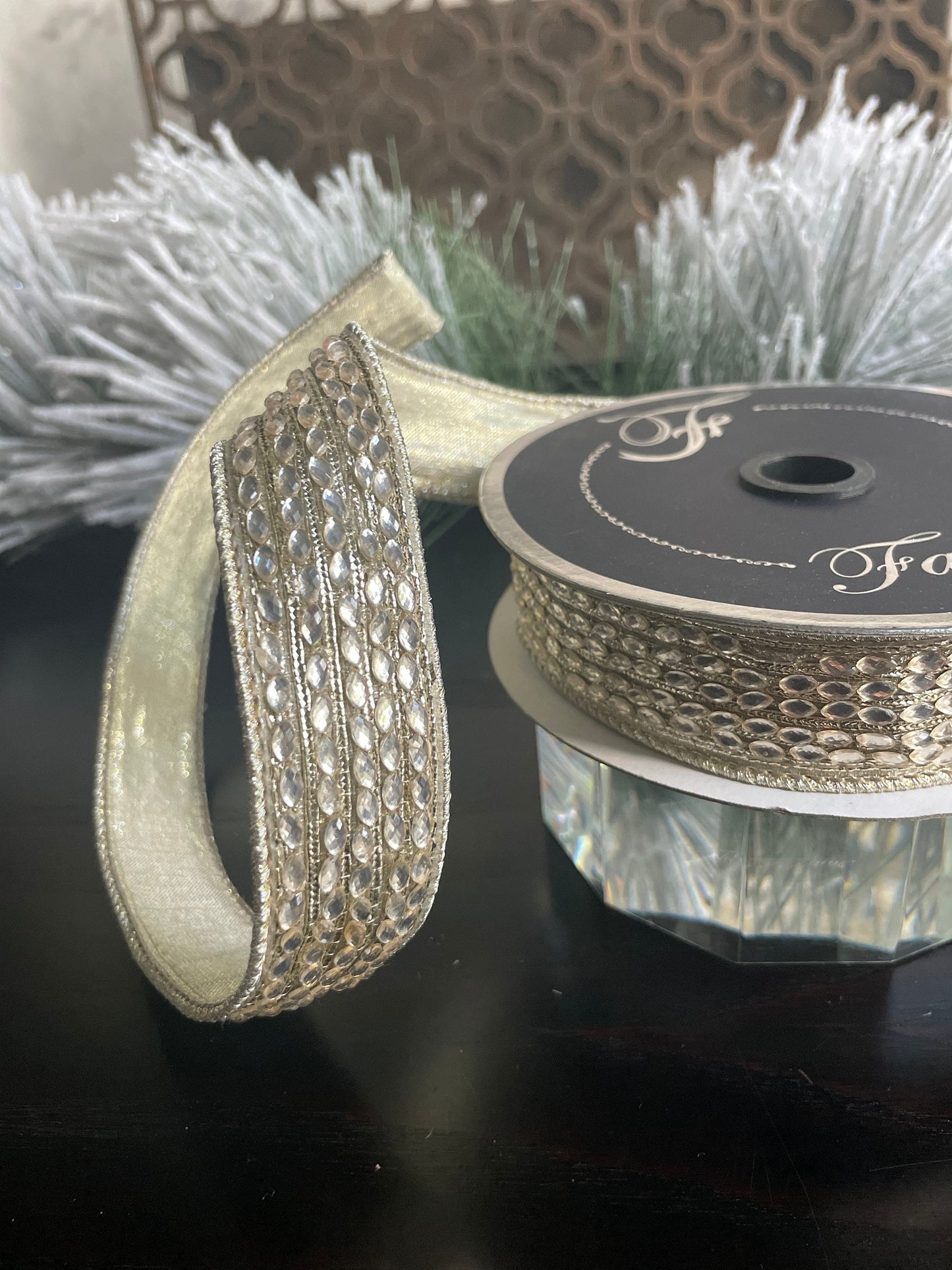 1” x 5 yds. Designer Queen Victoria wired ribbon. Platinum. Farrisilk.