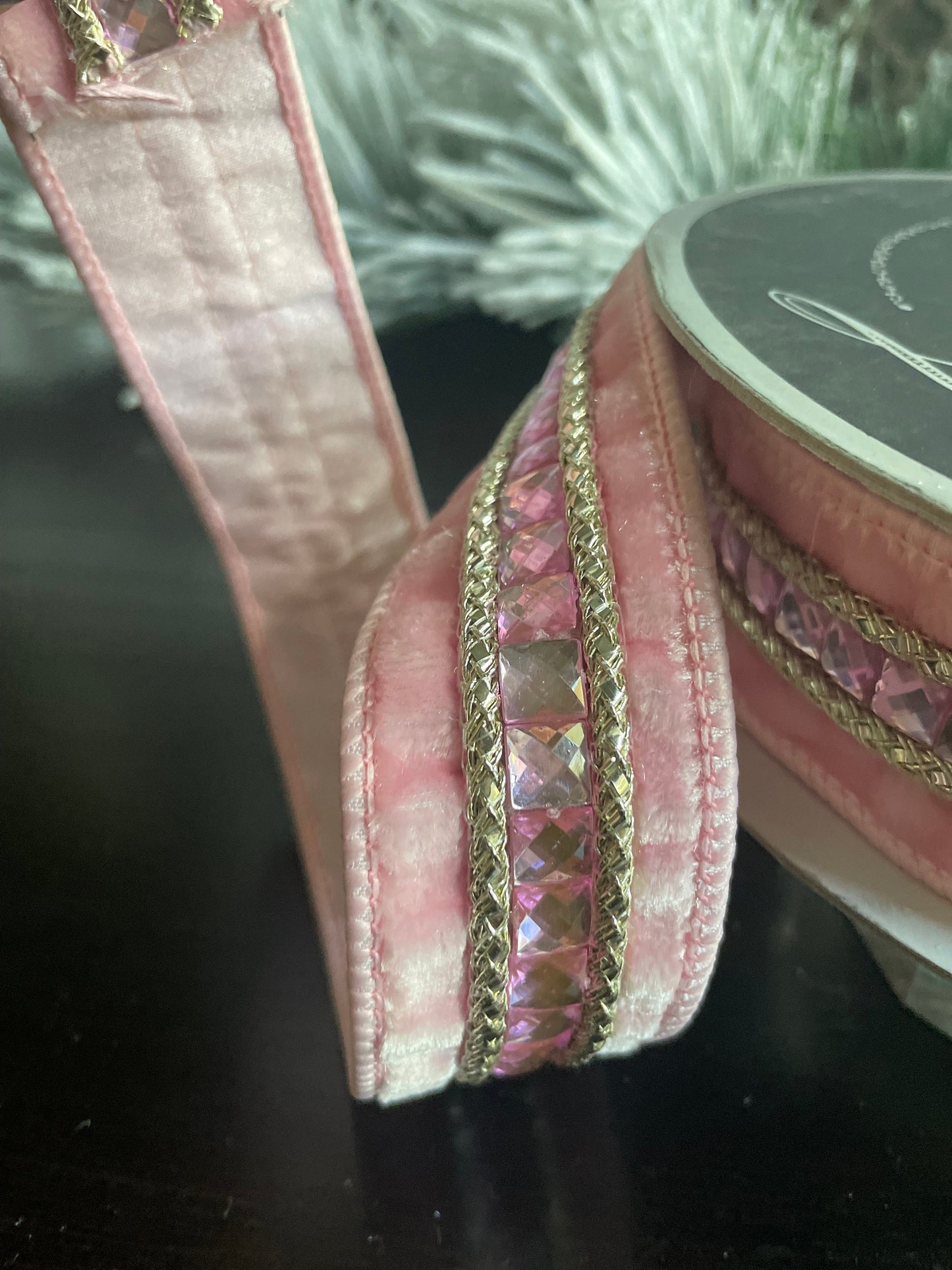 1.5” x 5 yds. Designer gemstones baby pink wired ribbon. Farrisilk.