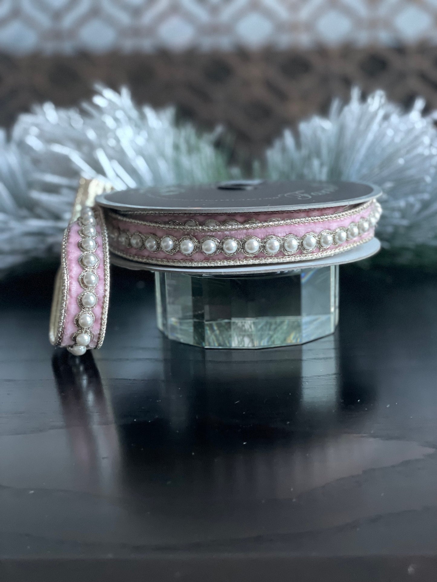 1” x 5 yds. Designer pearl borders baby pink velvet ribbon. Wired. Farrisilk.