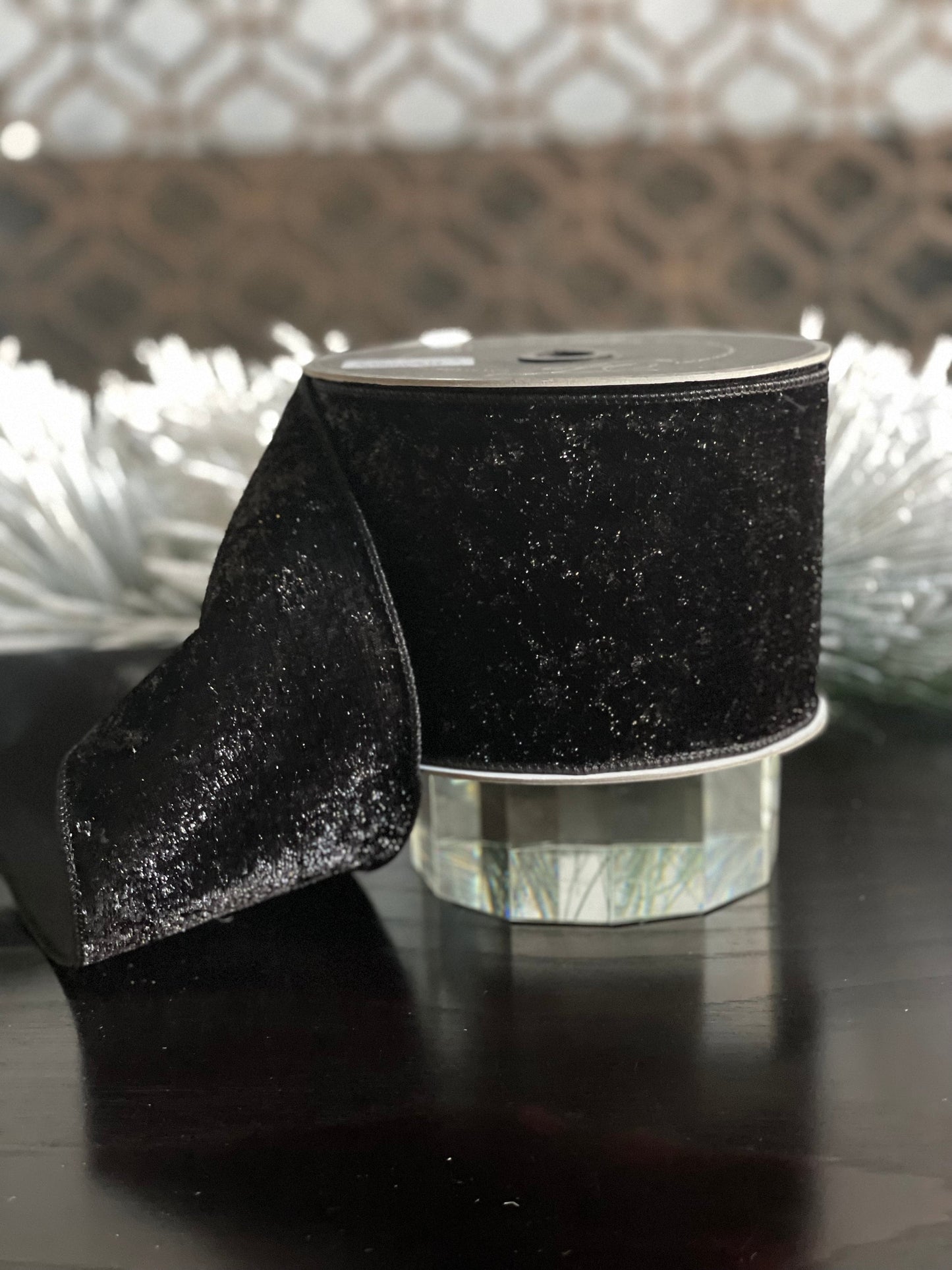 4” x 10 yds. Designer lame velvet black ribbon. Wired. Farrisilk.
