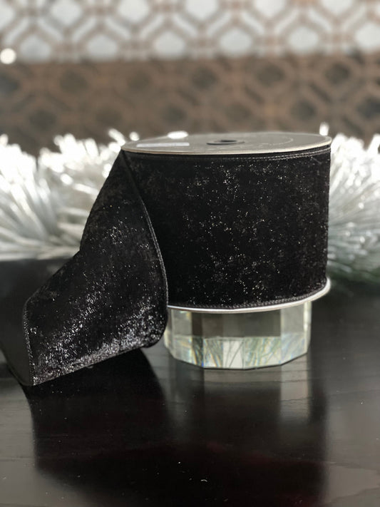 4” x 10 yds. Designer lame velvet black ribbon. Wired. Farrisilk.