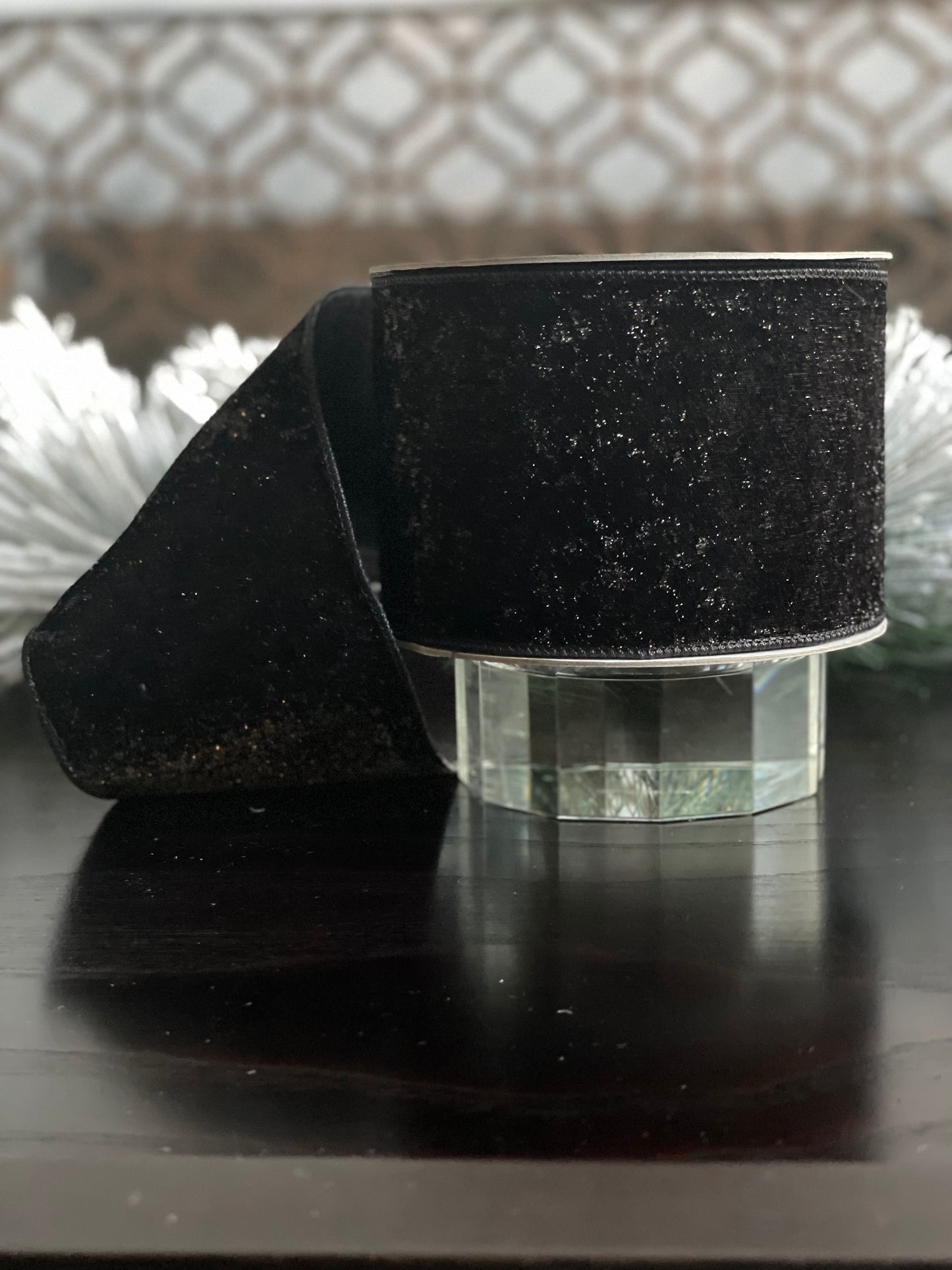 4” x 10 yds. Designer lame velvet black ribbon. Wired. Farrisilk.
