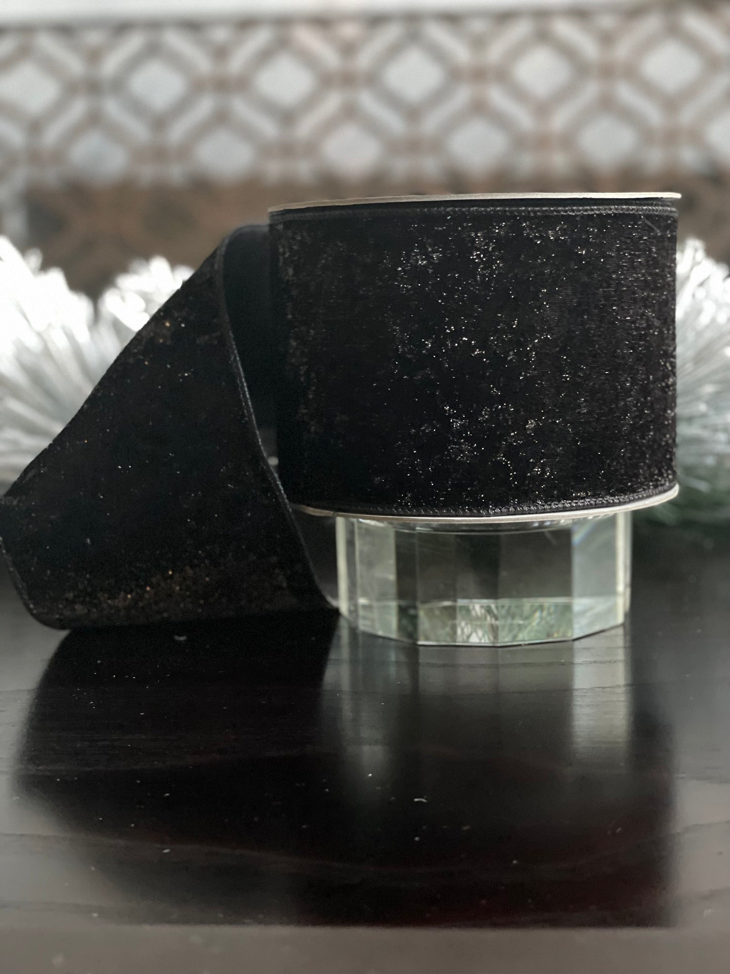 4” x 10 yds. Designer lame velvet black ribbon. Wired. Farrisilk.