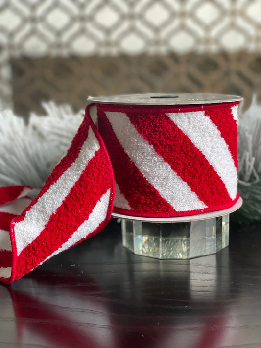 4” x 5 yds terry candy stripes red and white, designer ribbon. Farrisilk
