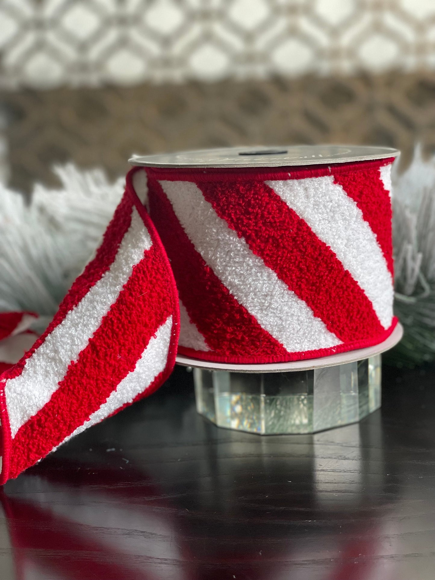 4” x 5 yds terry candy stripes red and white, designer ribbon. Farrisilk