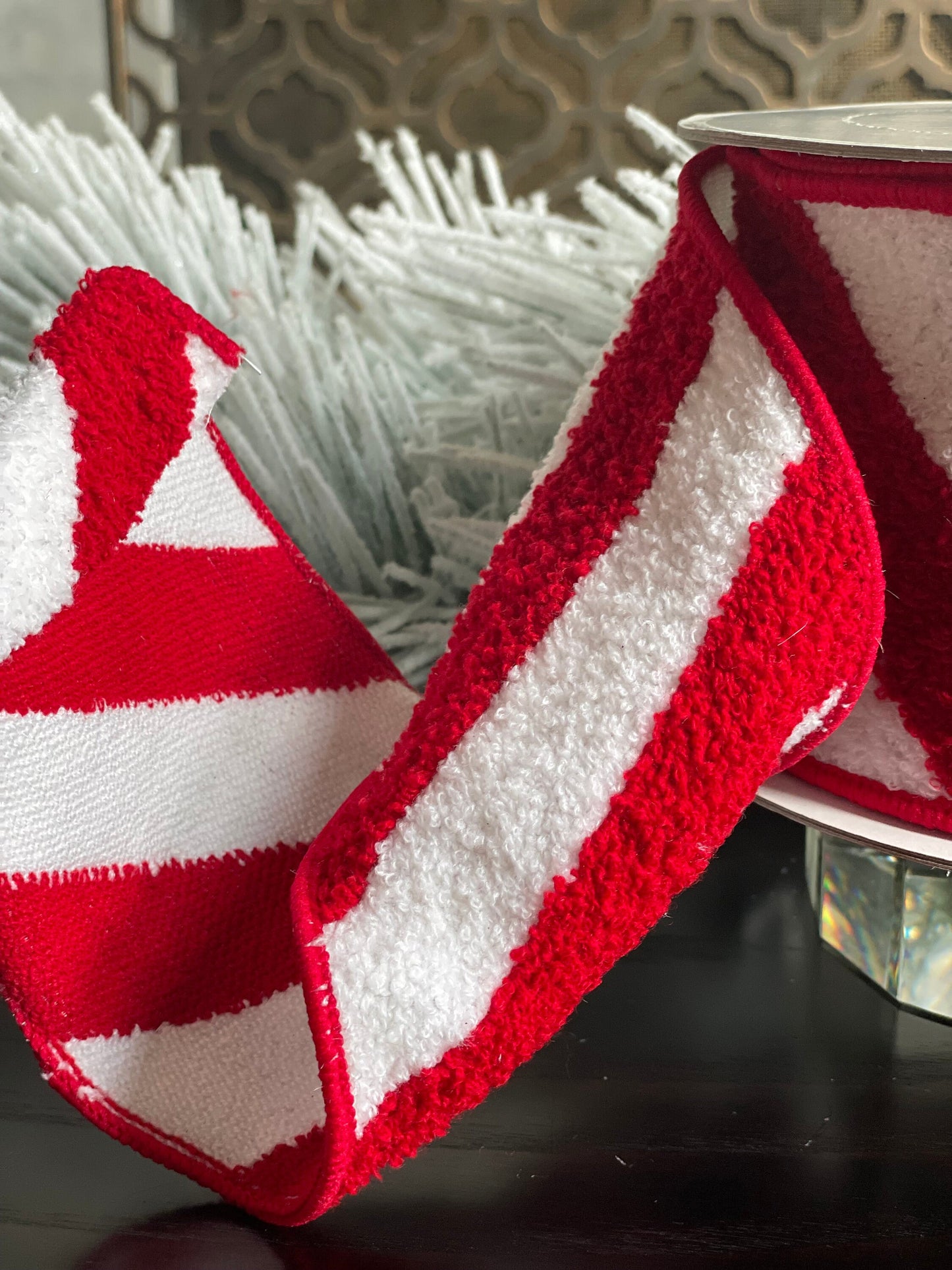 4” x 5 yds terry candy stripes red and white, designer ribbon. Farrisilk