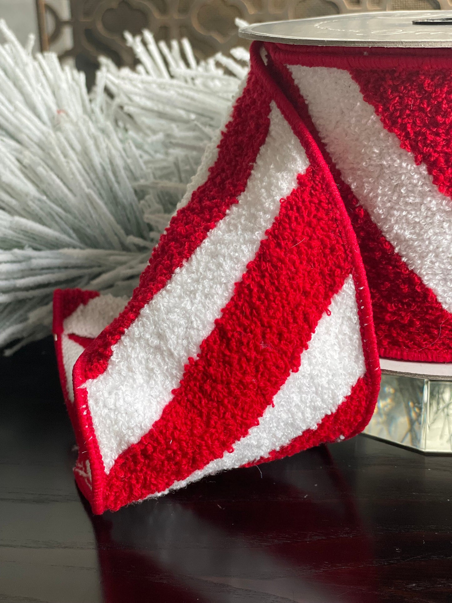 4” x 5 yds terry candy stripes red and white, designer ribbon. Farrisilk