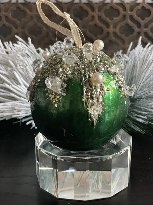 5” Dazzling bejeweled ball, ornament, emerald.