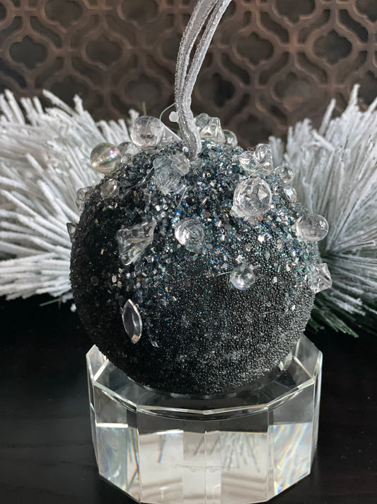5” beaded bejeweled ball ornament, steel blue.