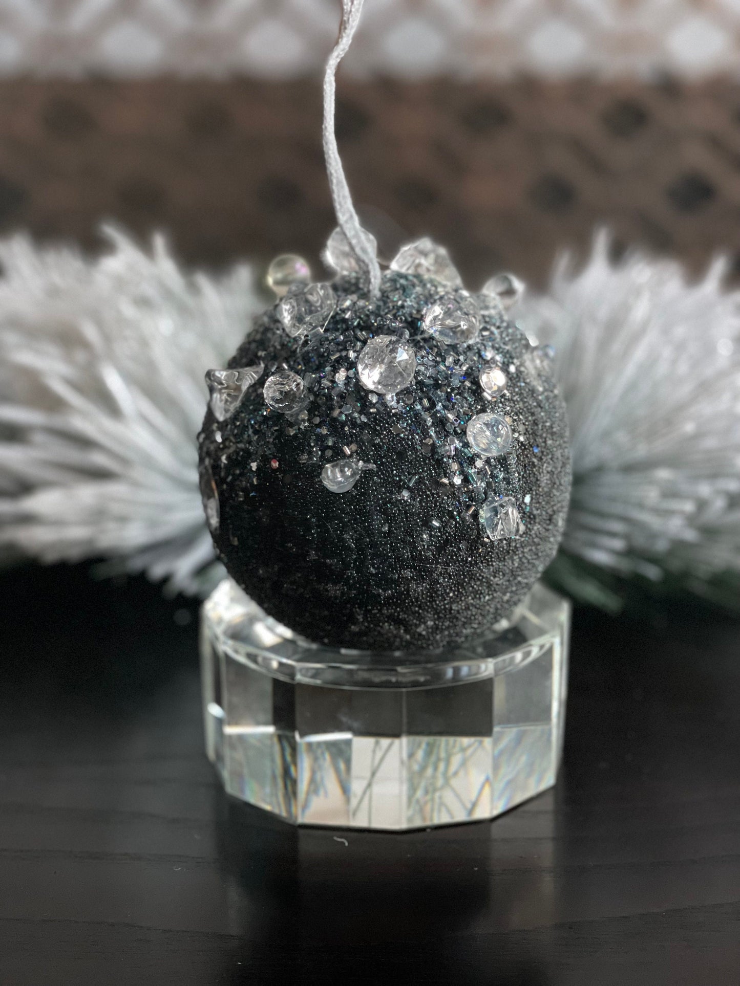 5” beaded bejeweled ball ornament, steel blue.