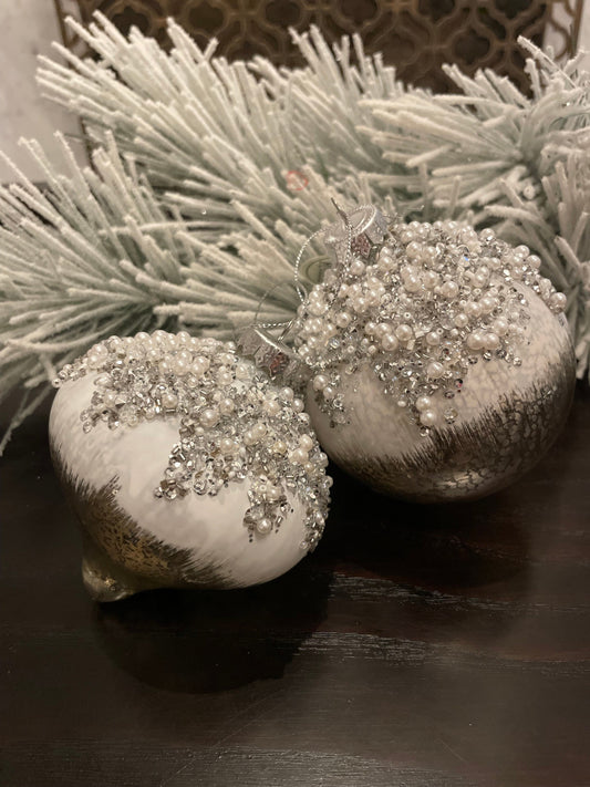 4” Mercury glass ornaments pearl jewel ball and finial ornament. Set of ball and finial.