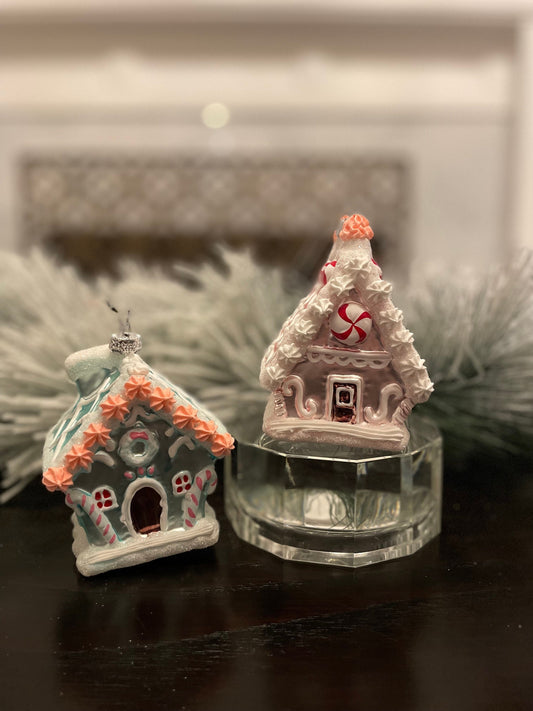 Set of 2. 5" glass sweets house ornament. One pink and one blue.