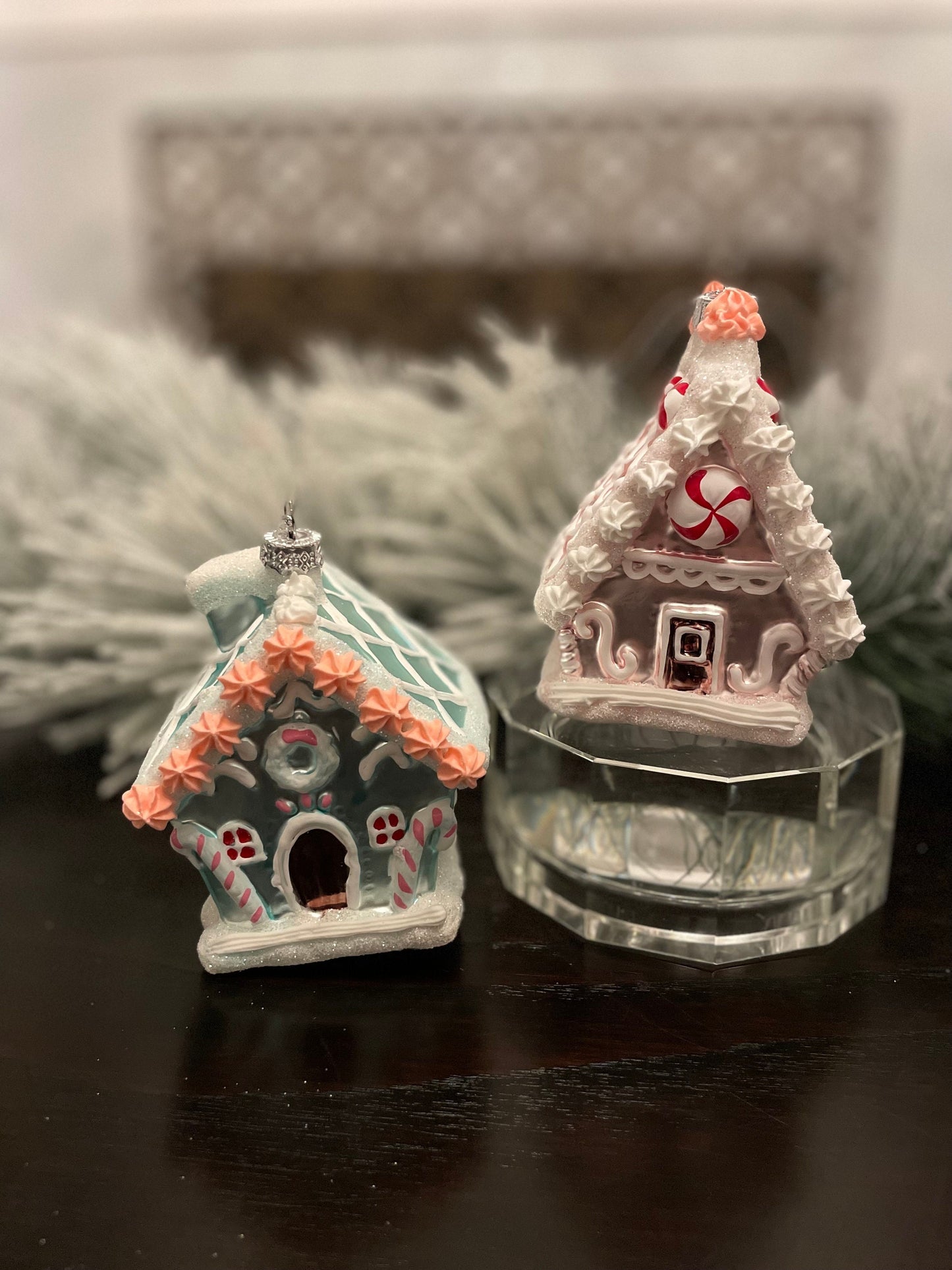 Set of 2. 5" glass sweets house ornament. One pink and one blue.