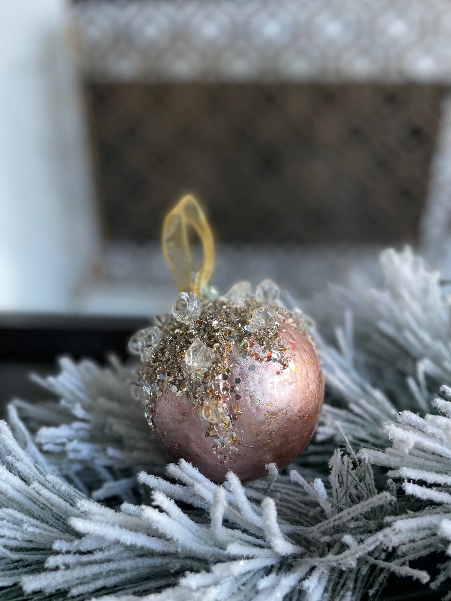 4" heavy jeweled ball ornament pink and rose gold.