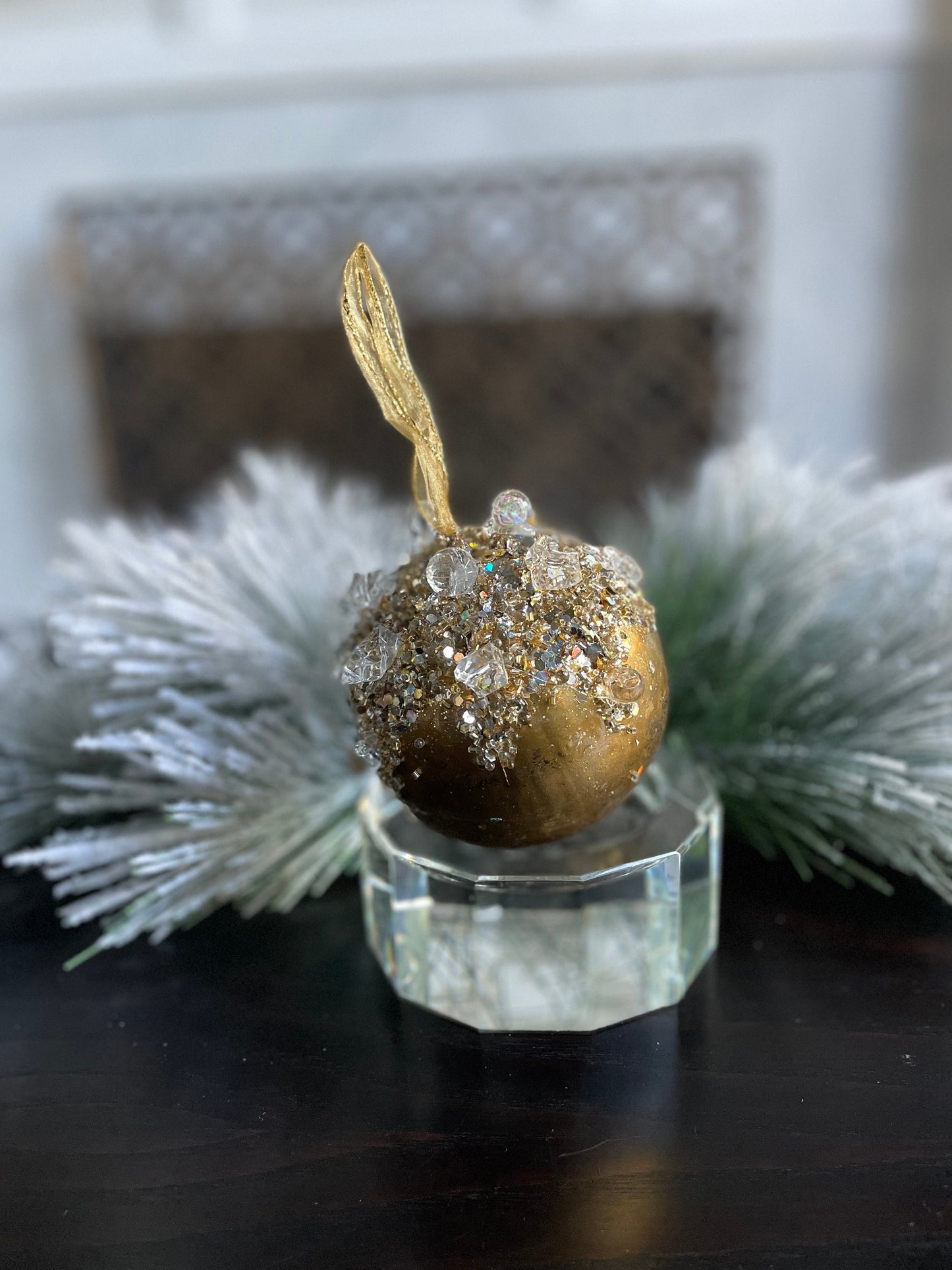4" heavy jeweled ball ornament gold.