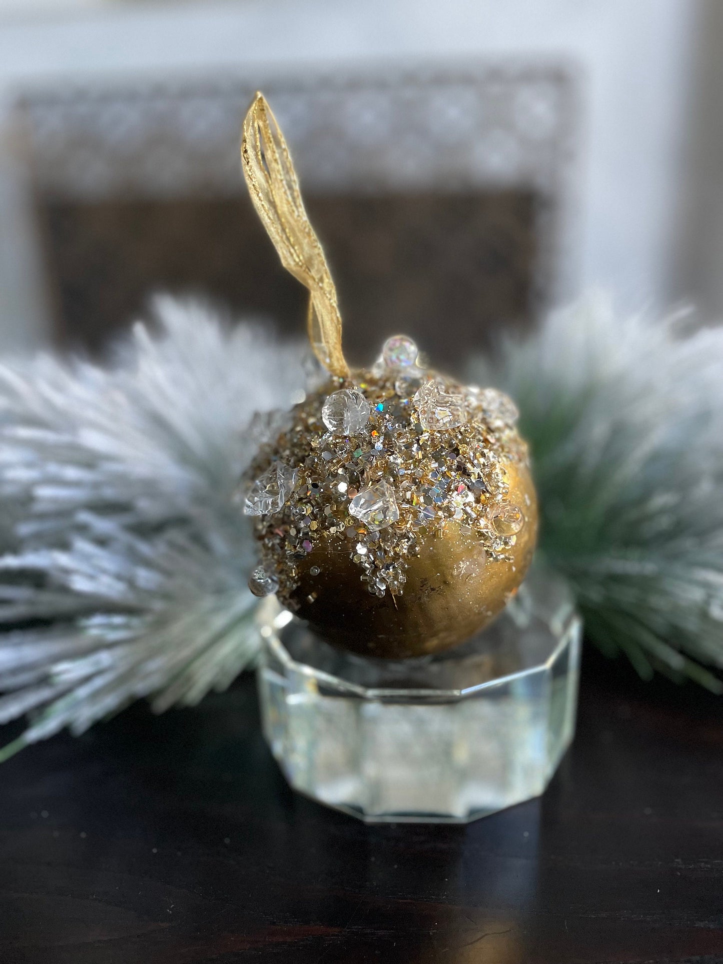 4" heavy jeweled ball ornament gold.