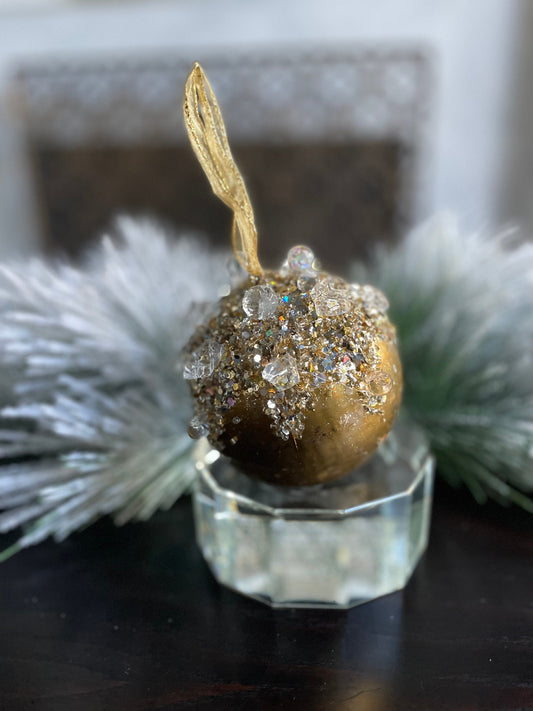 4" heavy jeweled ball ornament gold.