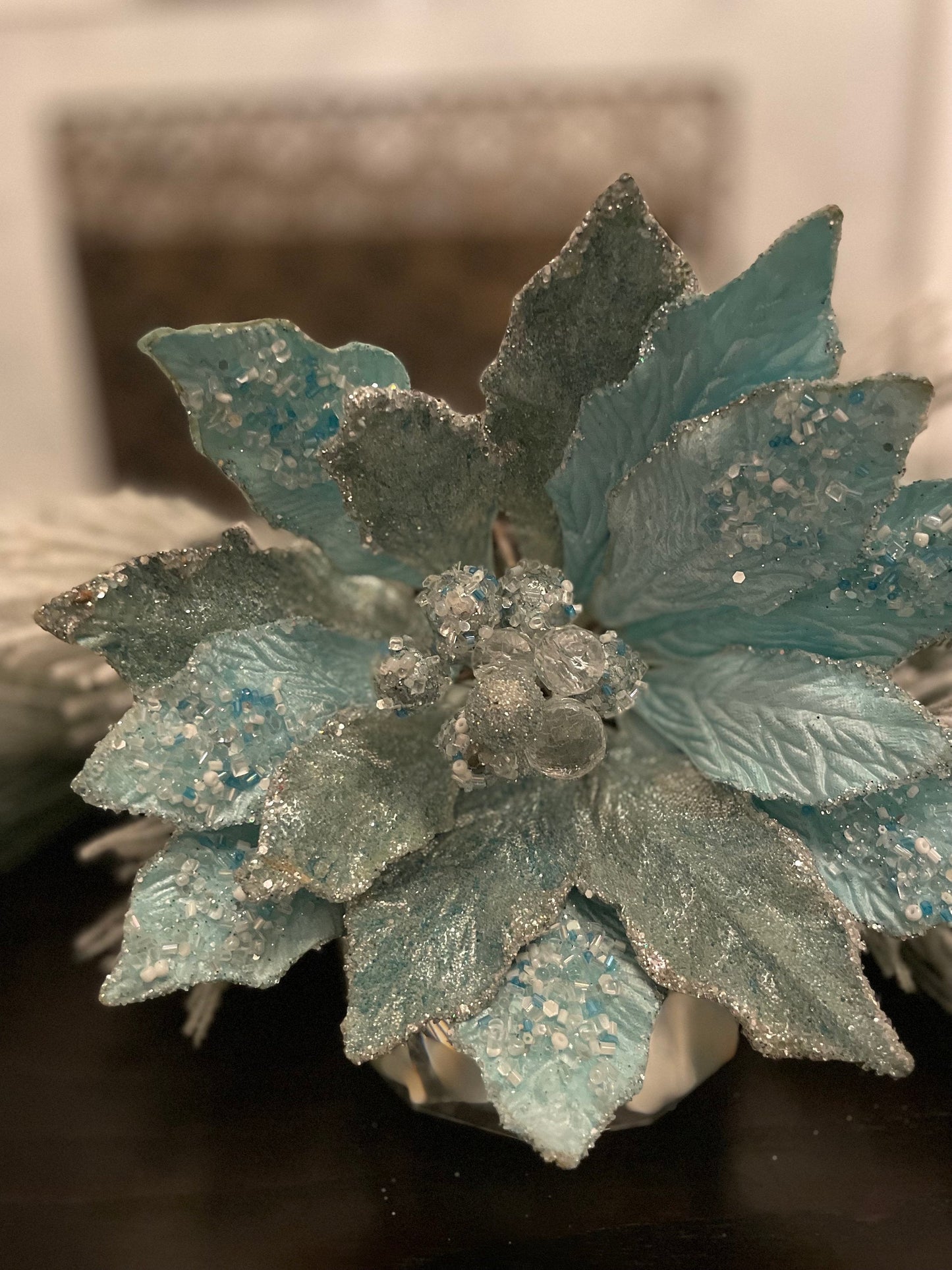 18" Heavy jeweled poinsettia stem. Aqua