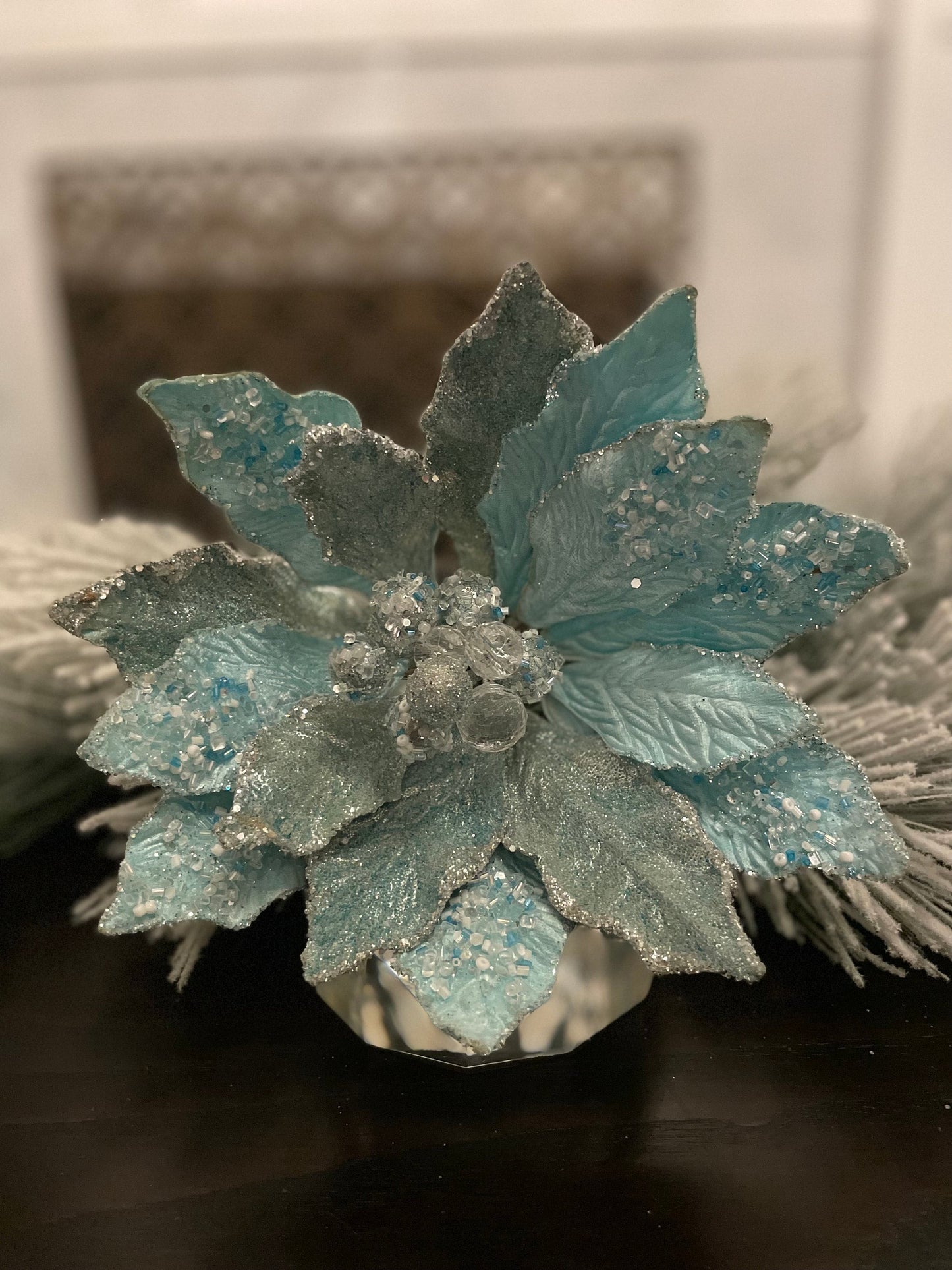 18" Heavy jeweled poinsettia stem. Aqua