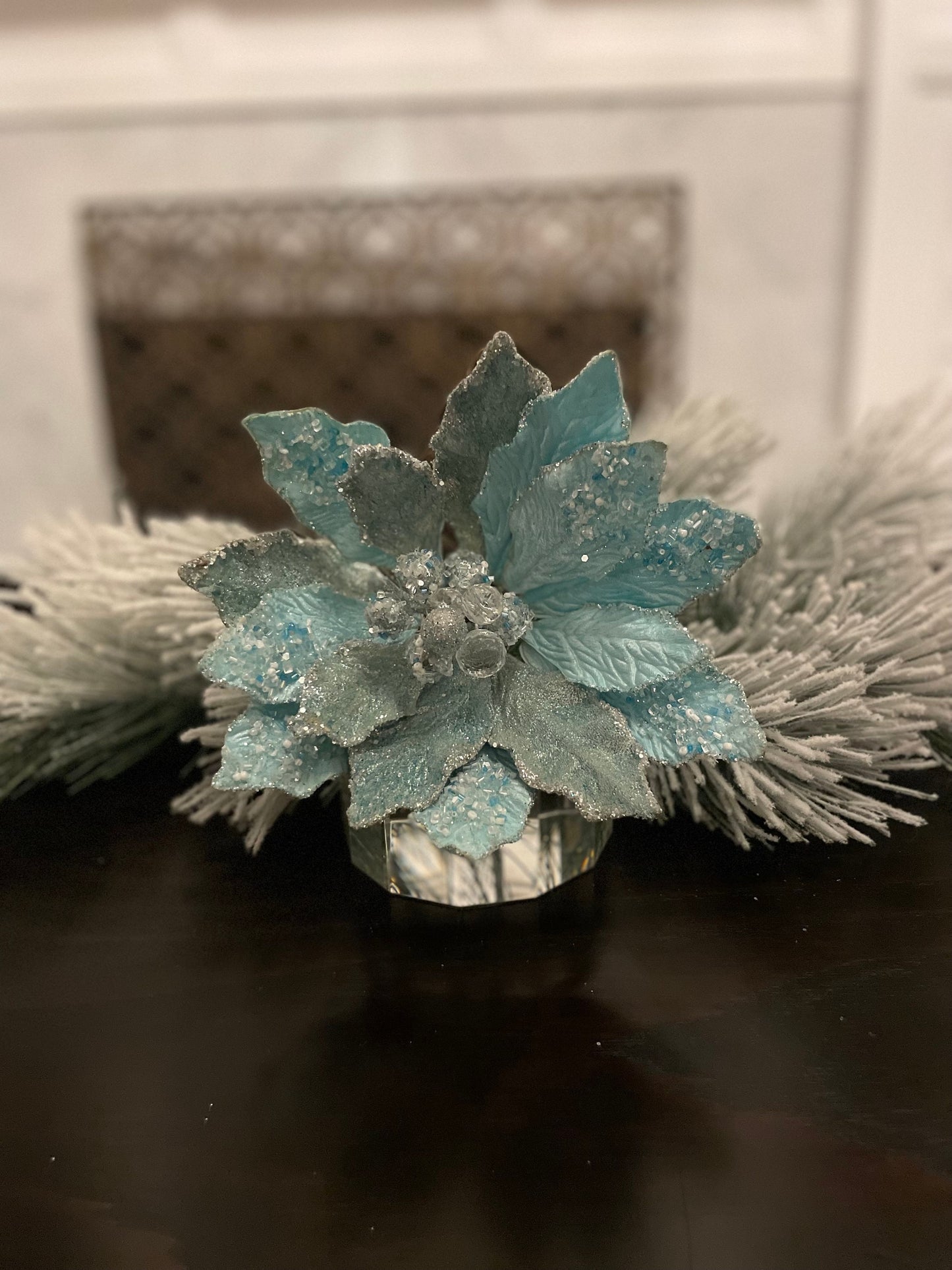 18" Heavy jeweled poinsettia stem. Aqua